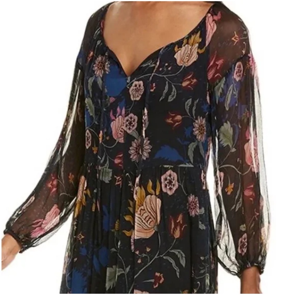 JOHNNY WAS NAVY BLUE GREEN FLORAL PRINT SILK SHEER LONG SLEEVE TAURI MAXI DRESS - Picture 5 of 13